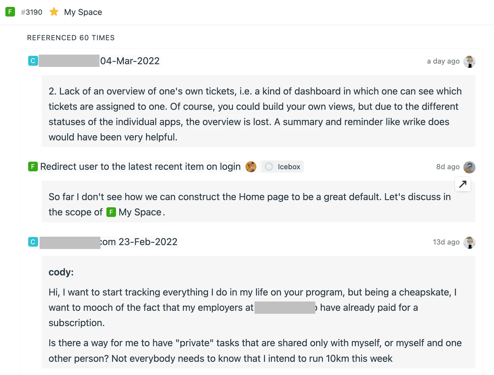 Feedback from users linked to a Feature in Fibery