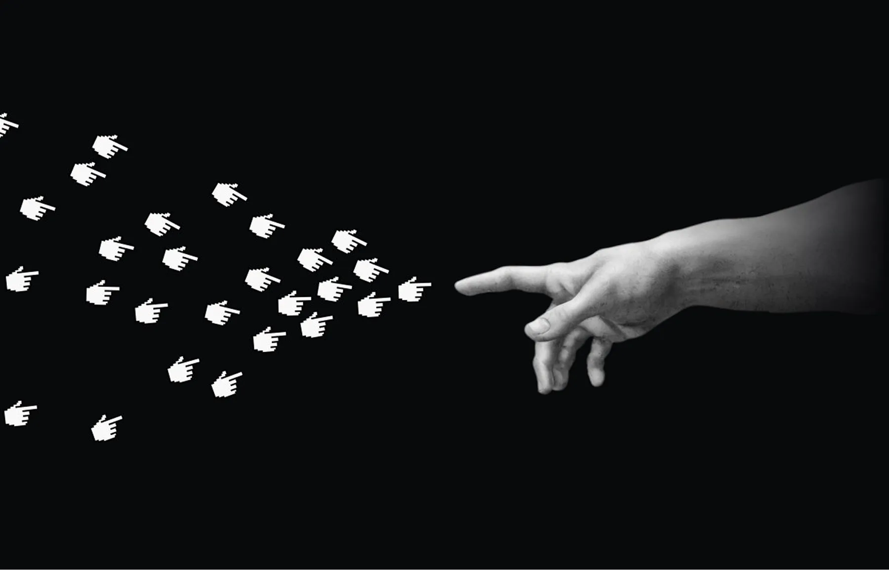 A human hand pointing at a swarm of small white pointing hands