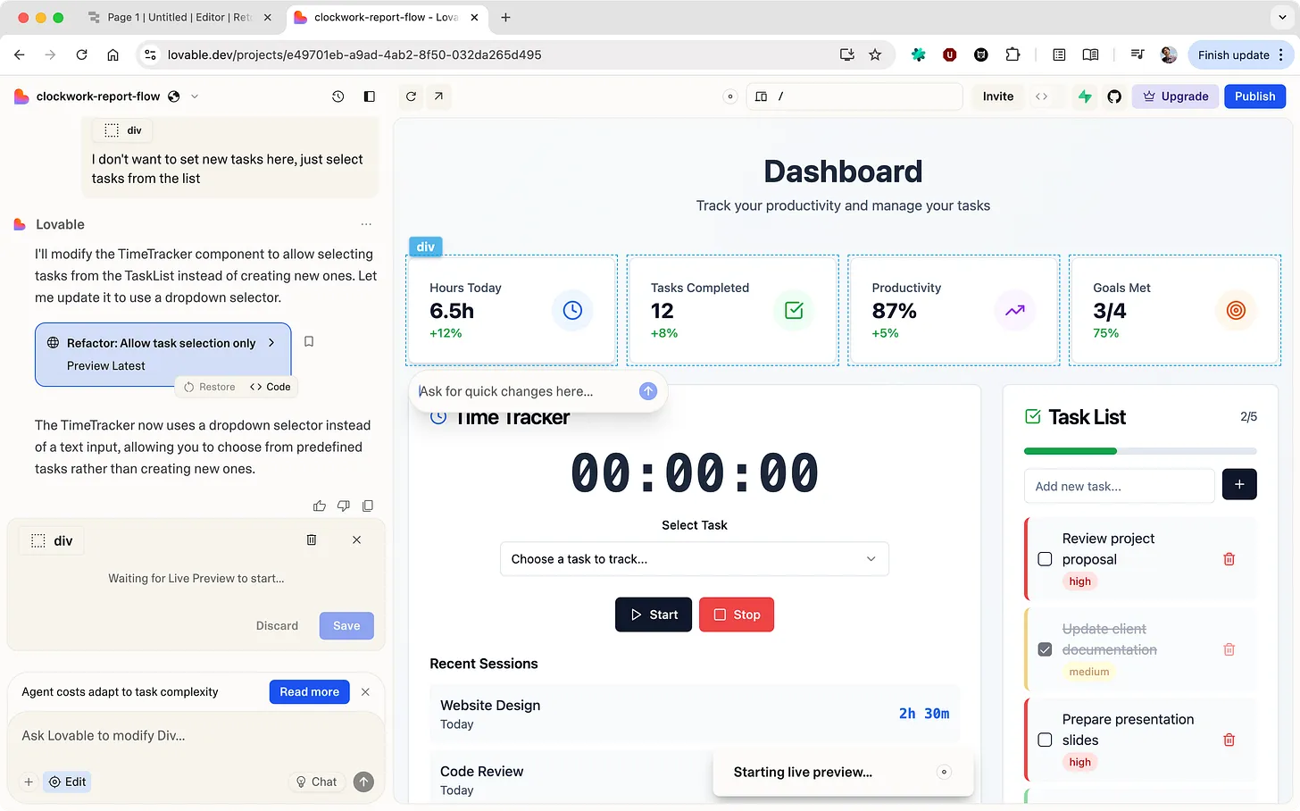 Lovable: a chat with the AI on the left, a generated productivity dashboard with a time tracker and a task list on the right