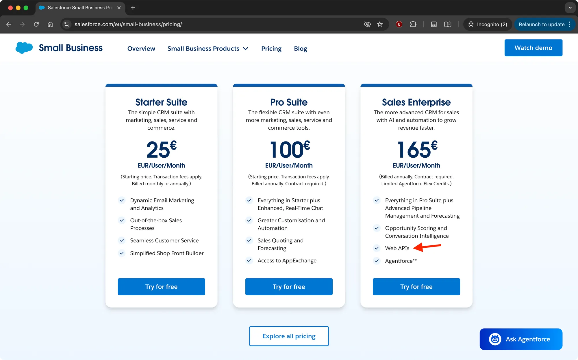 Salesforce pricing: web API access only in the most expensive Sales Enterprise plan