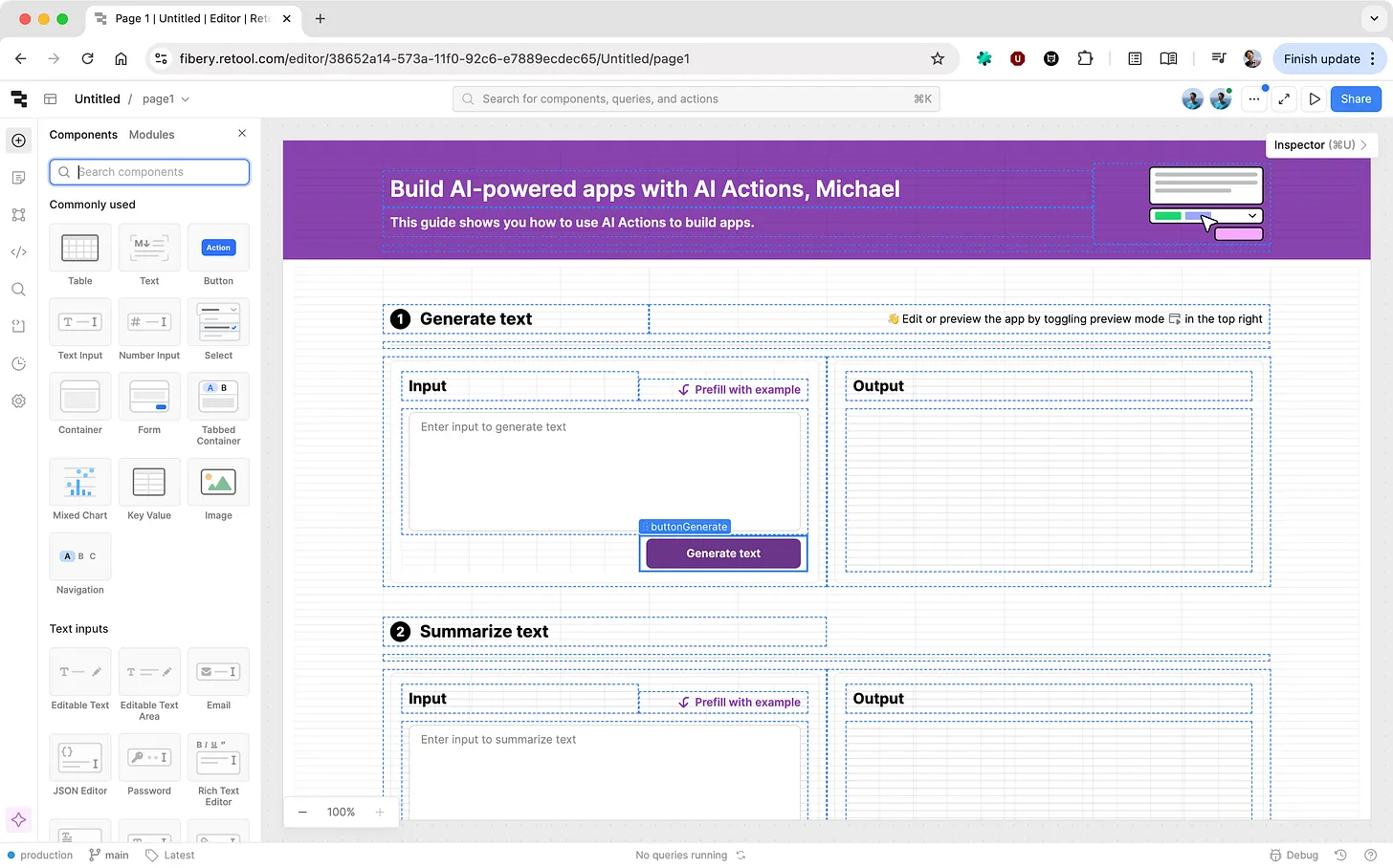 Retool editor: a component palette on the left and a page with Generate text and Summarize text blocks