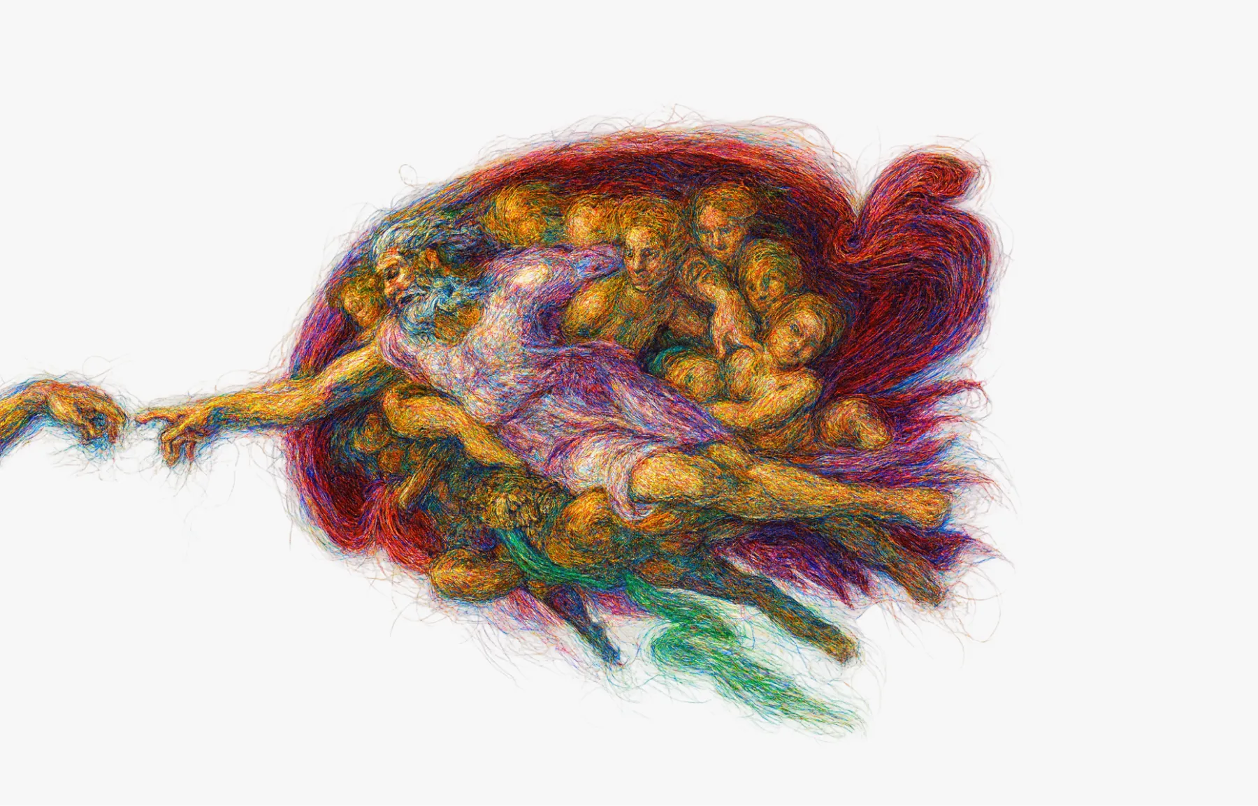 A dense tangle of colourful lines forming a figure, in the manner of Michelangelo