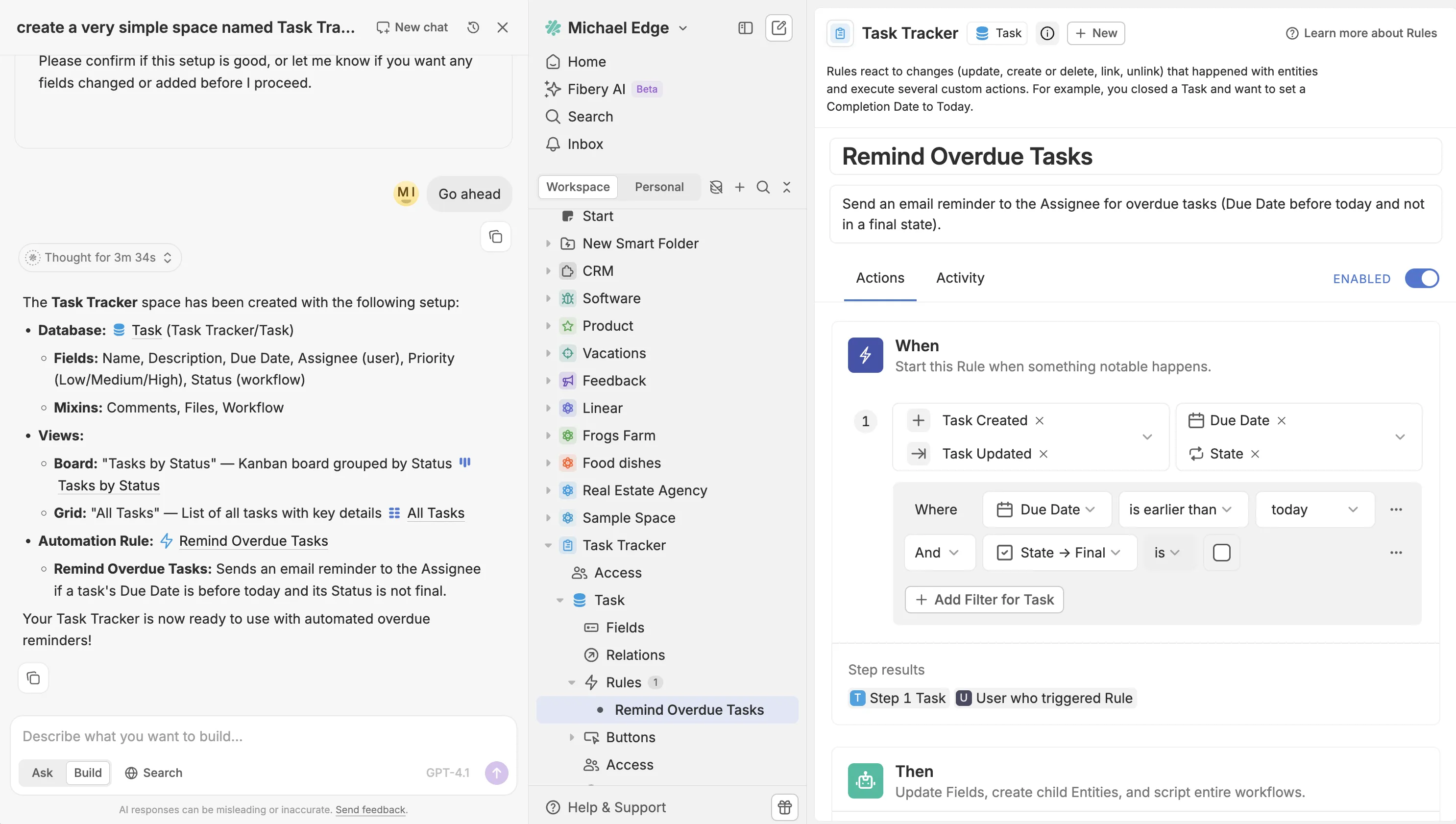 Fibery: an AI chat that created a Task Tracker space, the space in the sidebar and an automation rule that reminds about overdue tasks