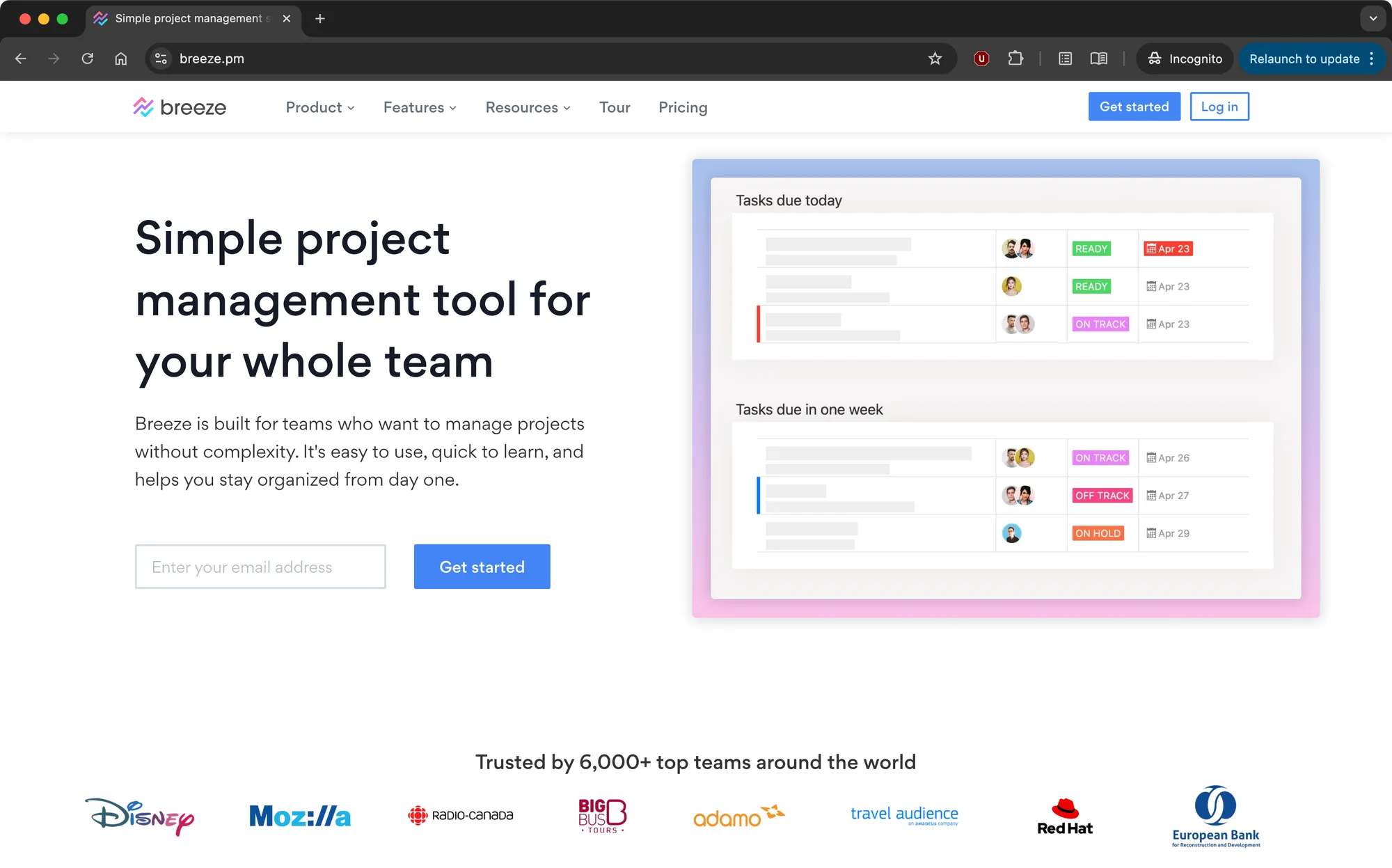 Breeze landing page with logos of Disney, Mozilla, Red Hat and other large companies as customers