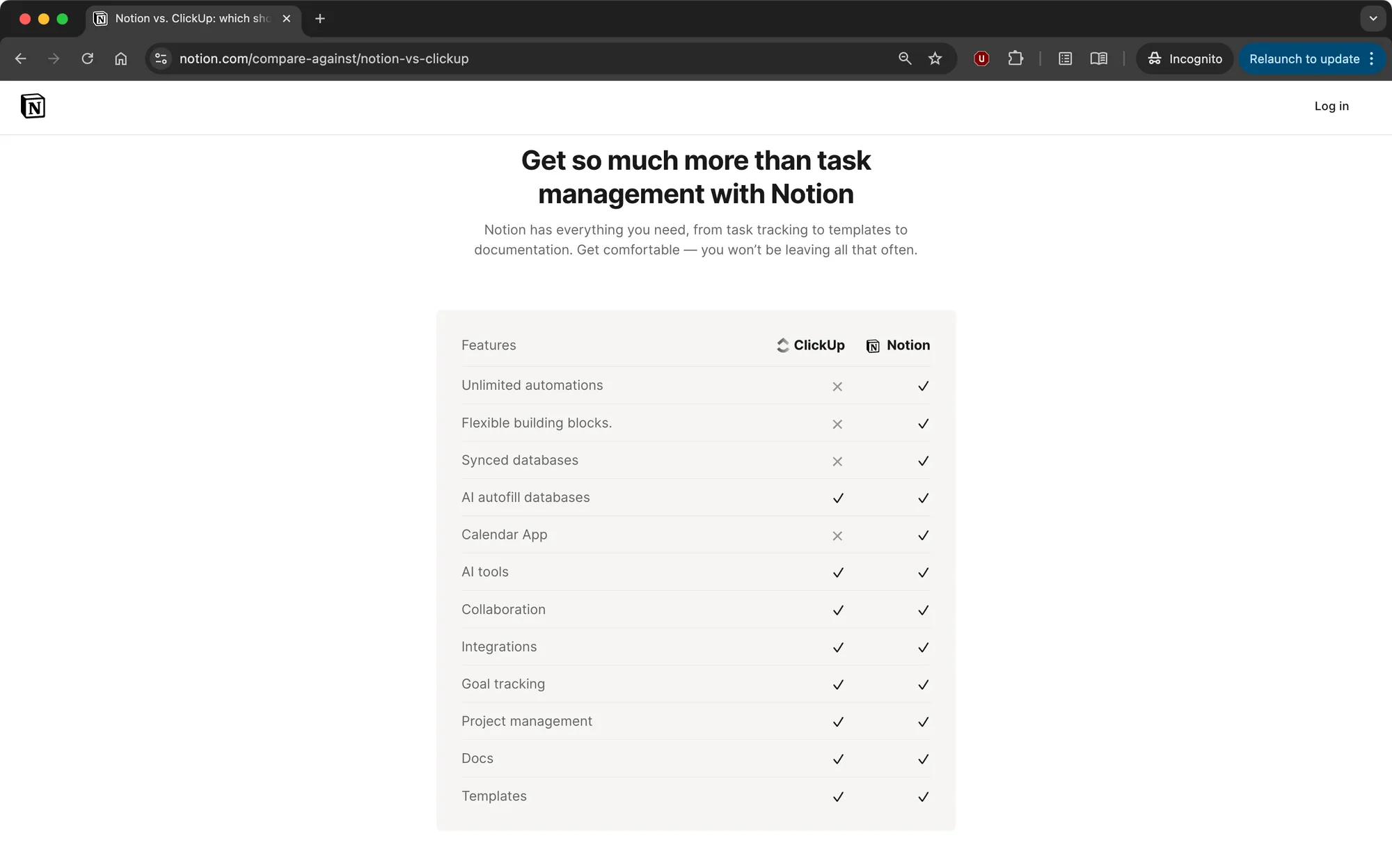 Notion page comparing Notion with ClickUp: Notion has a check in every row