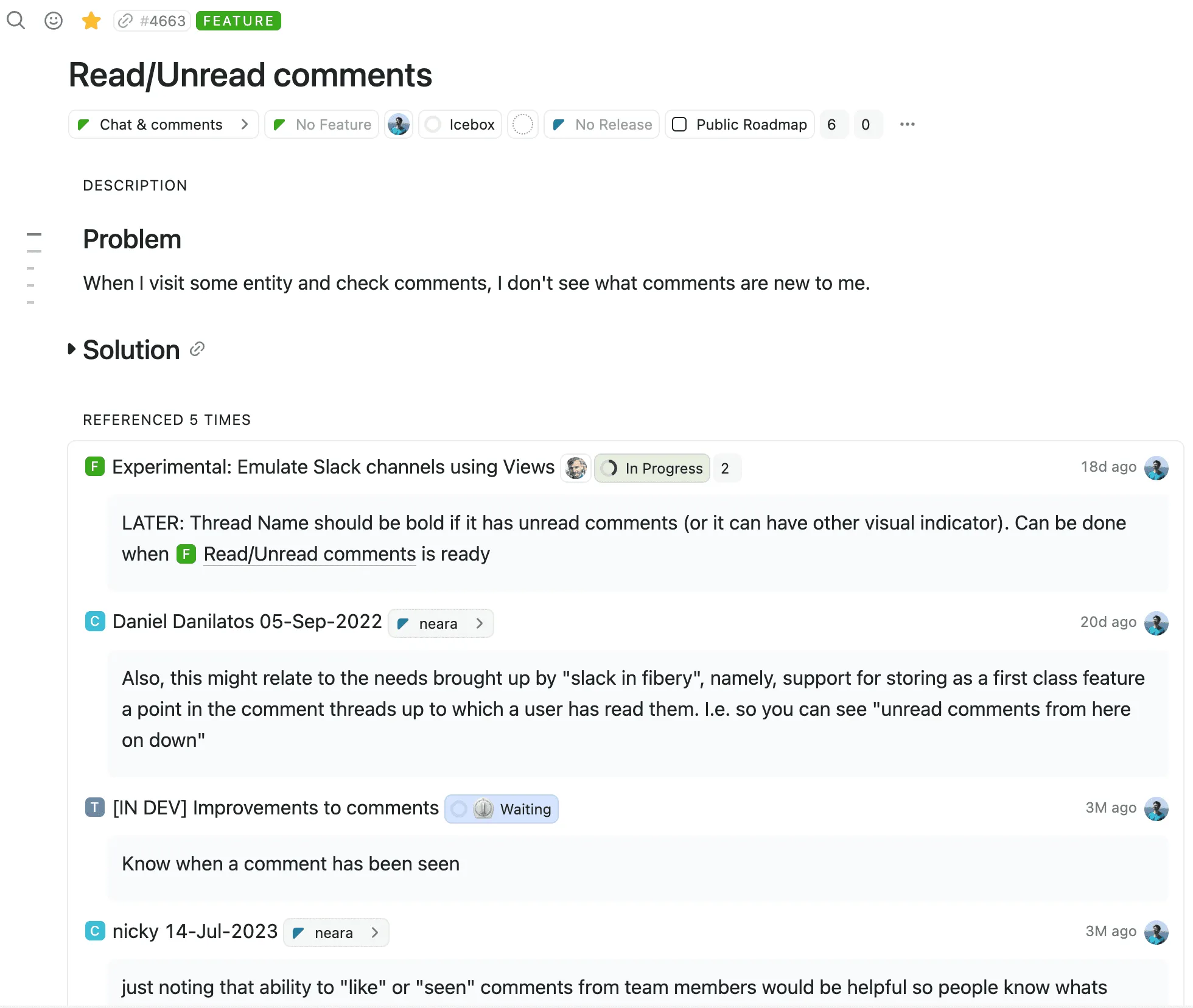 Feedback connected to features, how it looks