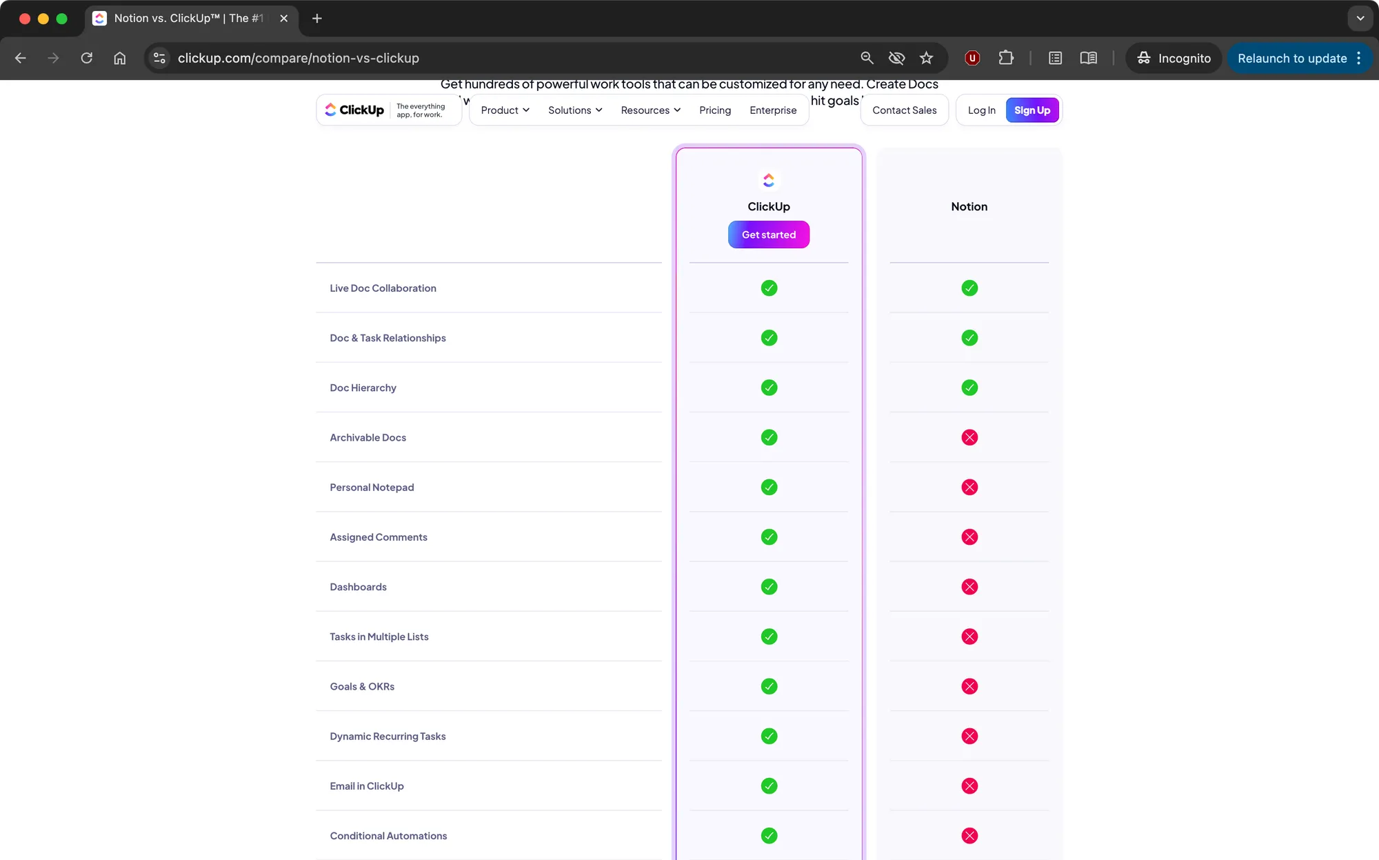 ClickUp page comparing ClickUp with Notion: ClickUp has a check in every row