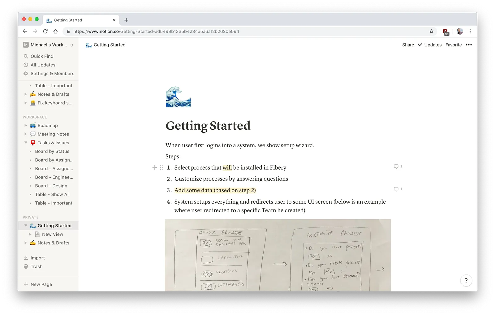 There are three Workspaces here: Roadmap, Meeting Notes, Tasks & Issues. Documents are really powerful in Notion.