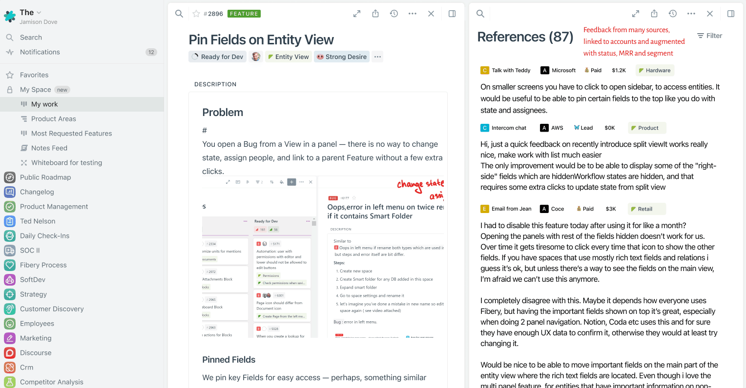 FUTURE: All feedback is connected to features. You can filter it by account status, MRR, segment.