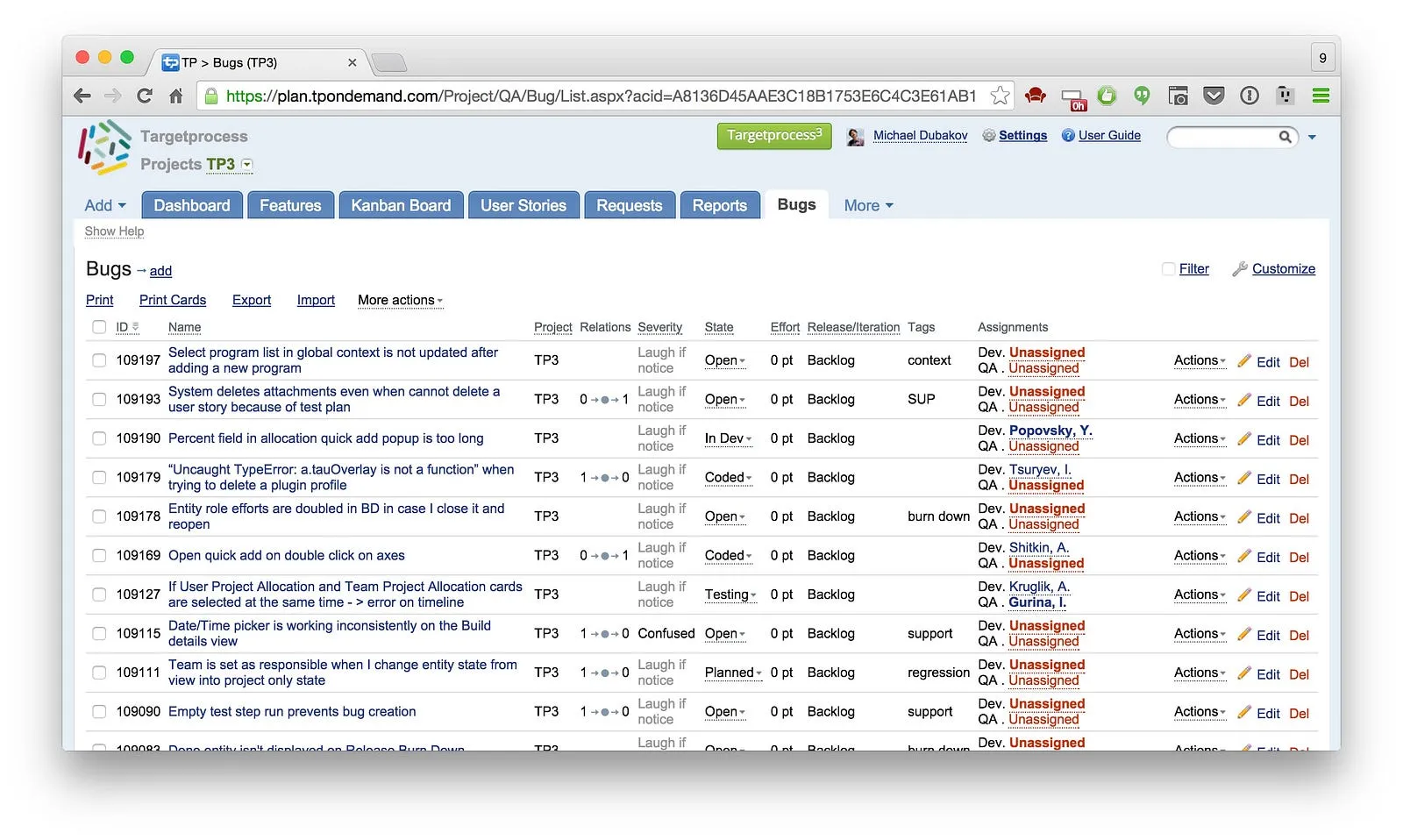 Список багов в Targetprocess 2