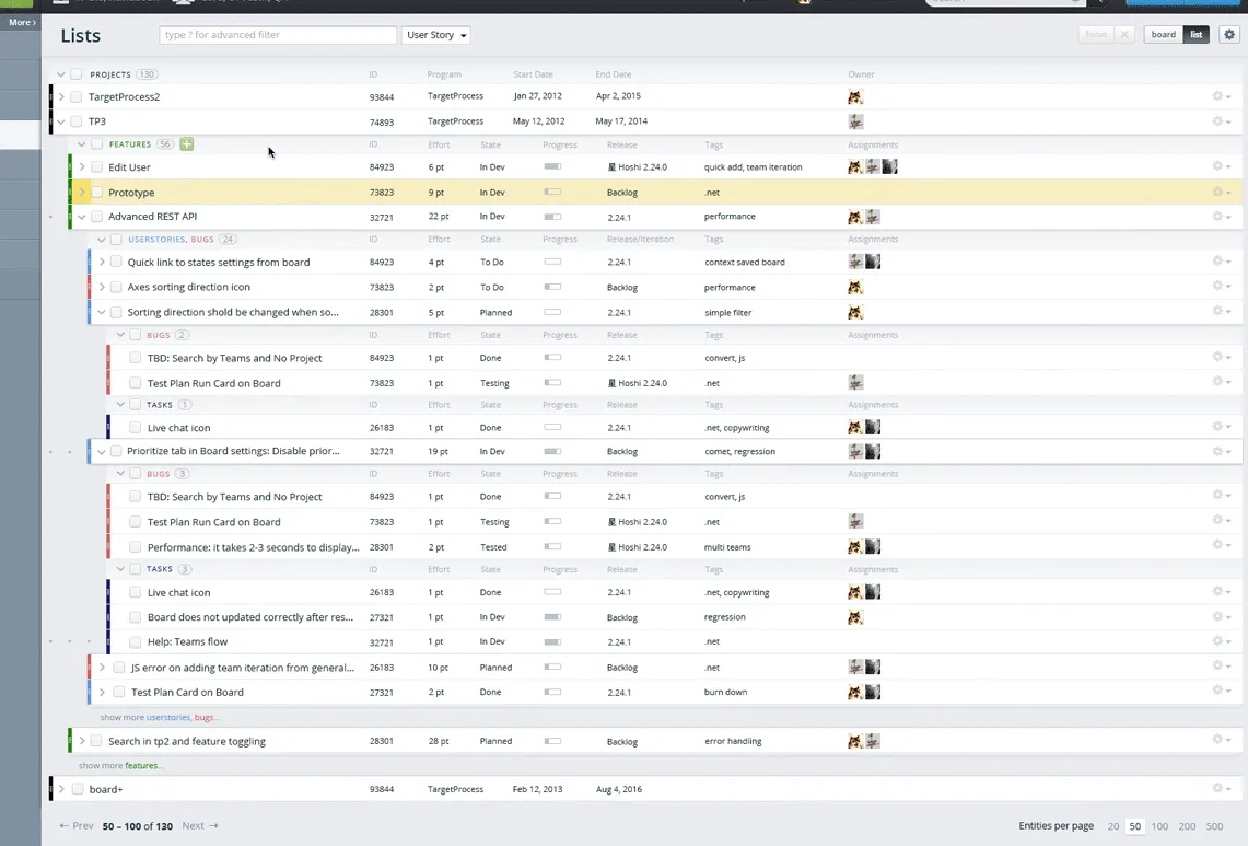 Lists quick edit in Targetprocess 3