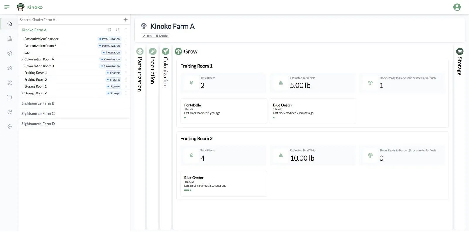 Kinoko, a farm management app: rooms grouped by stage on the left, fruiting rooms with block counts and estimated yield on the right